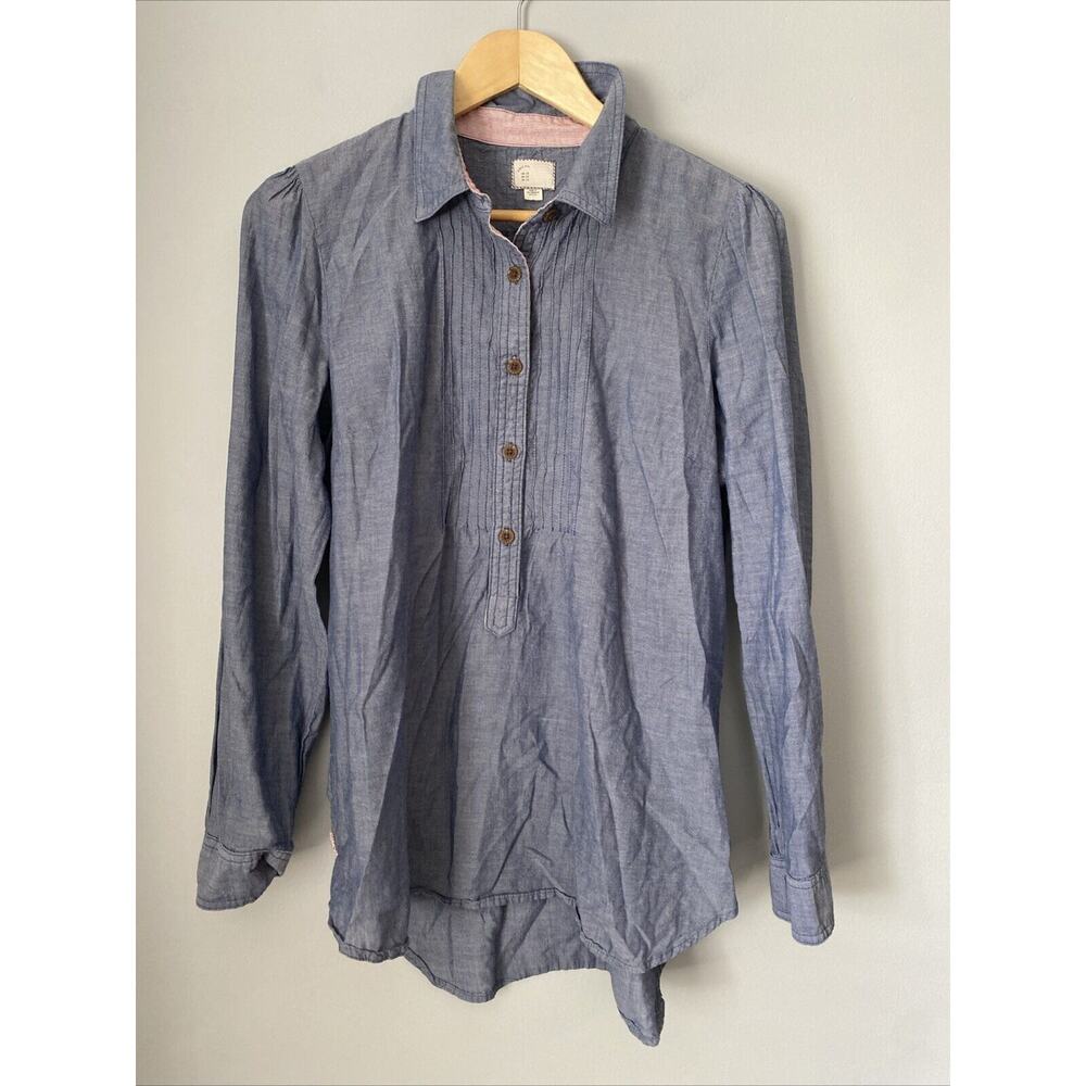 POSTMARK Anthropologie Chambray Pintuck Popover Shirt Roll Tab Sleeves - Size 10